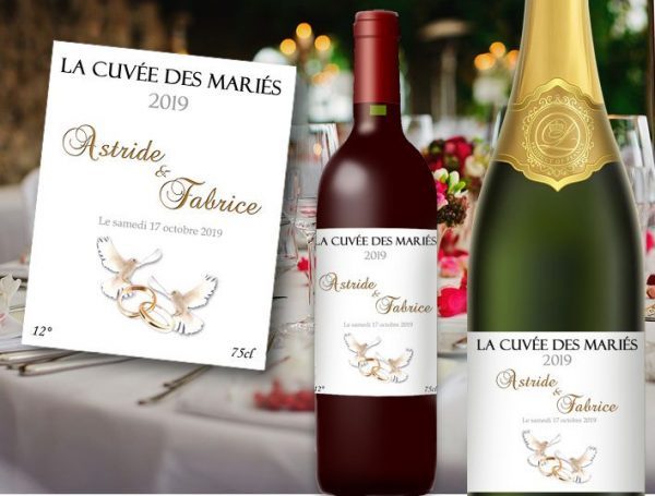etiquette bouteille champagne et vin mariage à personnaliser illustrées de deux colombes