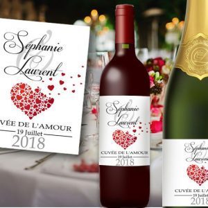 étiquettes bouteille mariage vin et champagne cœurs envolés illustré avec les prénoms des mariés
