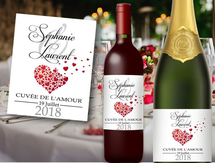 étiquettes bouteille mariage vin et champagne cœurs envolés illustré avec les prénoms des mariés