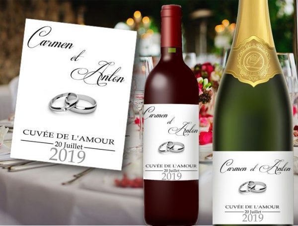 etiquette bouteille champagne et vin mariage a personnaliser illustrées de jolies alliances