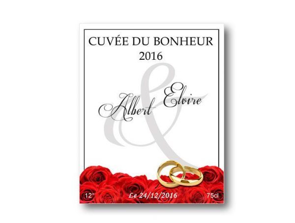étiquette bouteille mariage illustrée d'un tapis de roses rouge