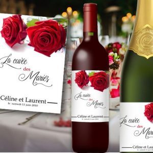 etiquette bouteille mariage champagne et vin illustrée de deux jolie roses rouge