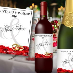 étiquette bouteille mariage champagne et vin illustrée d'un tapis de roses rouge