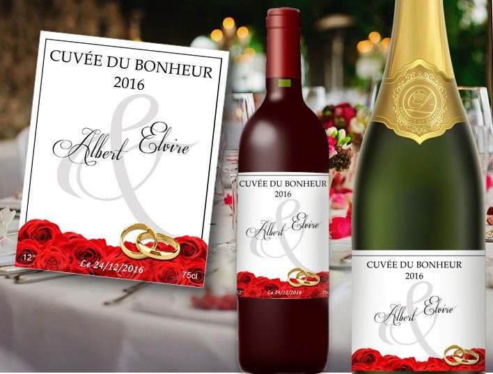 Etiquette bouteille mariage à personnaliser - thème Jardin de roses