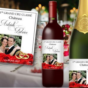 etiquette-bouteille-mariage-champagne et vin personnalisée-avec-photo-portrait-jardin-fleuri