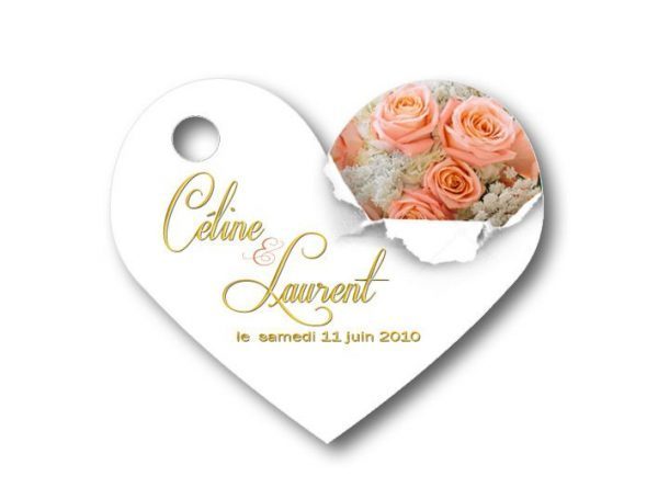Etiquette dragées mariage personnalisées - illustrées avec des roses saumon